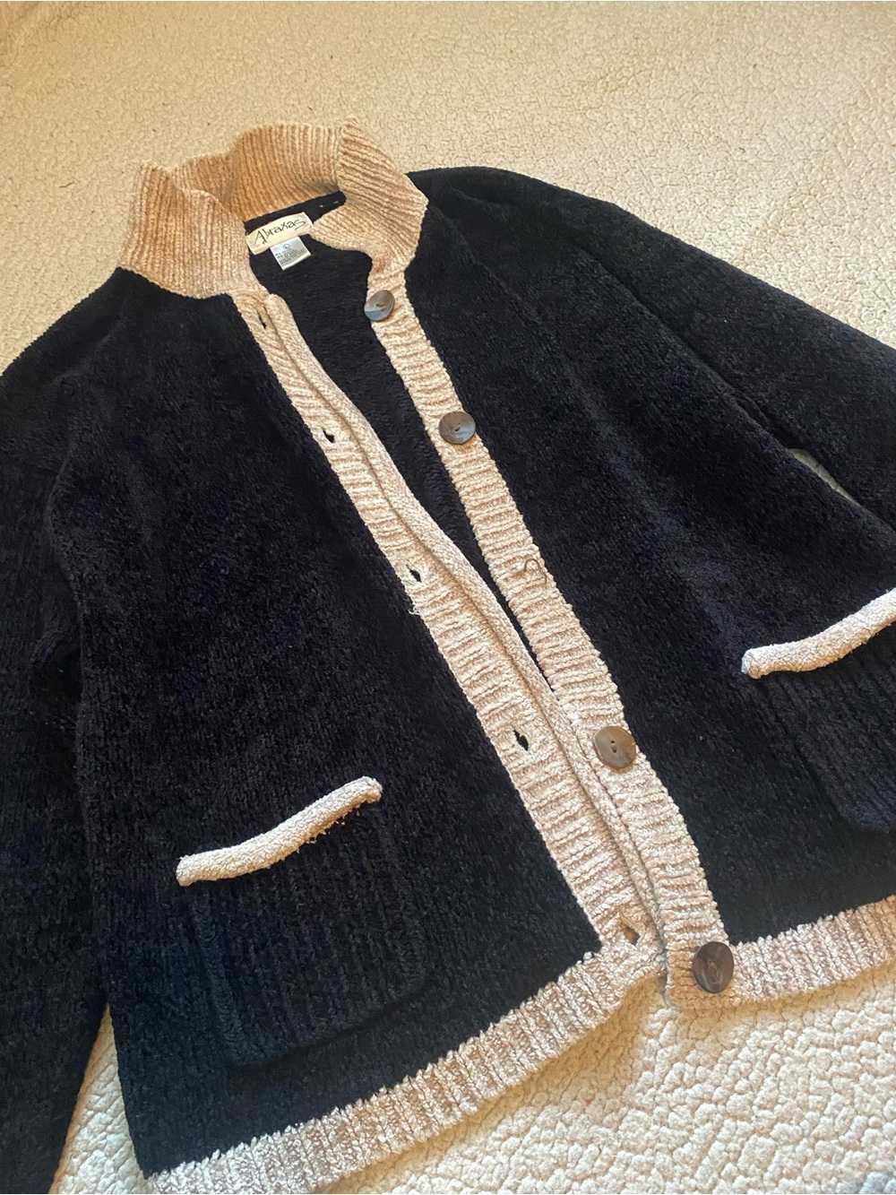 Cozy Black & Beige Button-Up Cardigan